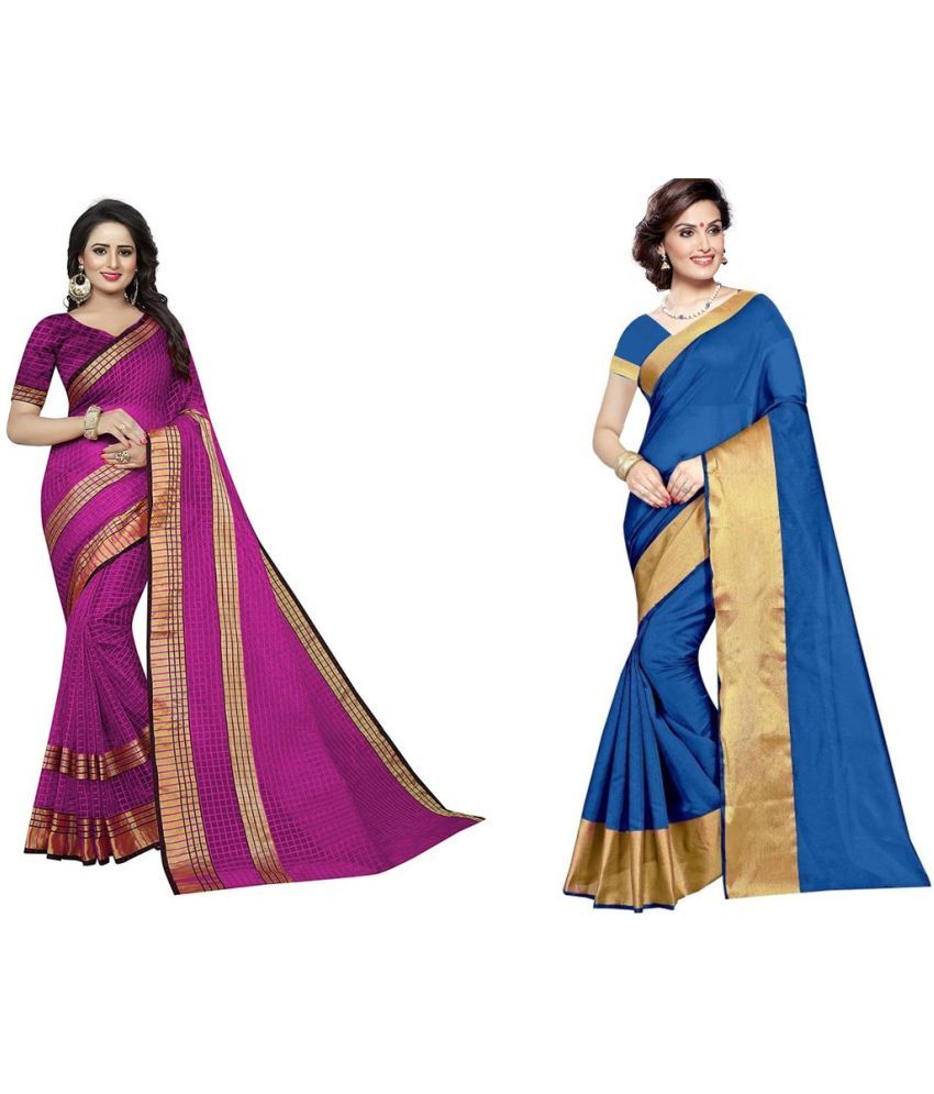     			Vkaran Cotton Silk Printed Saree With Blouse Piece - Multicolor ( Pack of 2 )