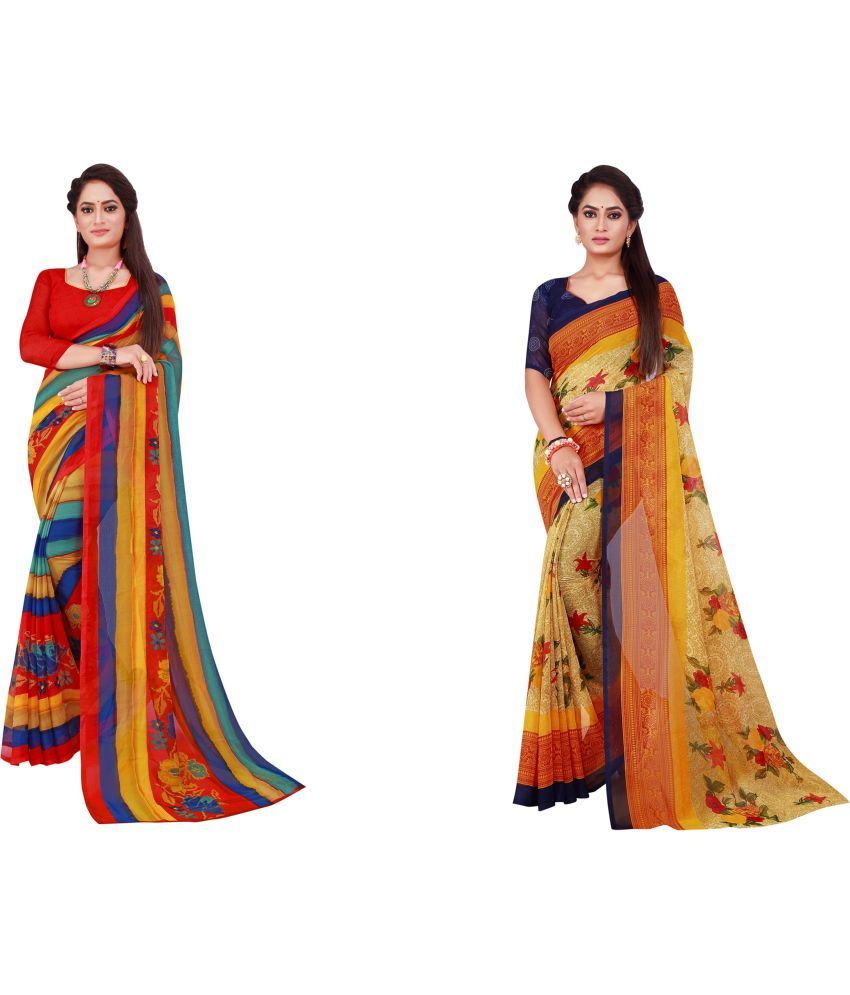     			Vkaran Cotton Silk Printed Saree With Blouse Piece - Multicolor ( Pack of 2 )