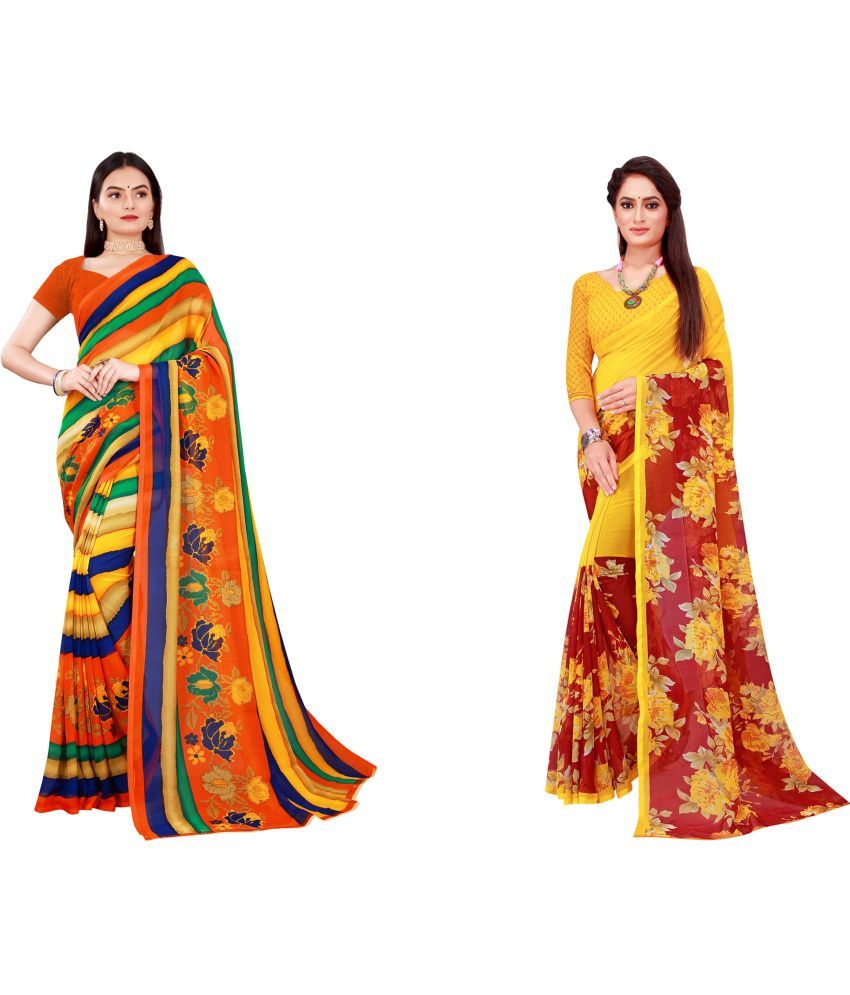     			Vkaran Cotton Silk Printed Saree With Blouse Piece - Multicolor ( Pack of 2 )