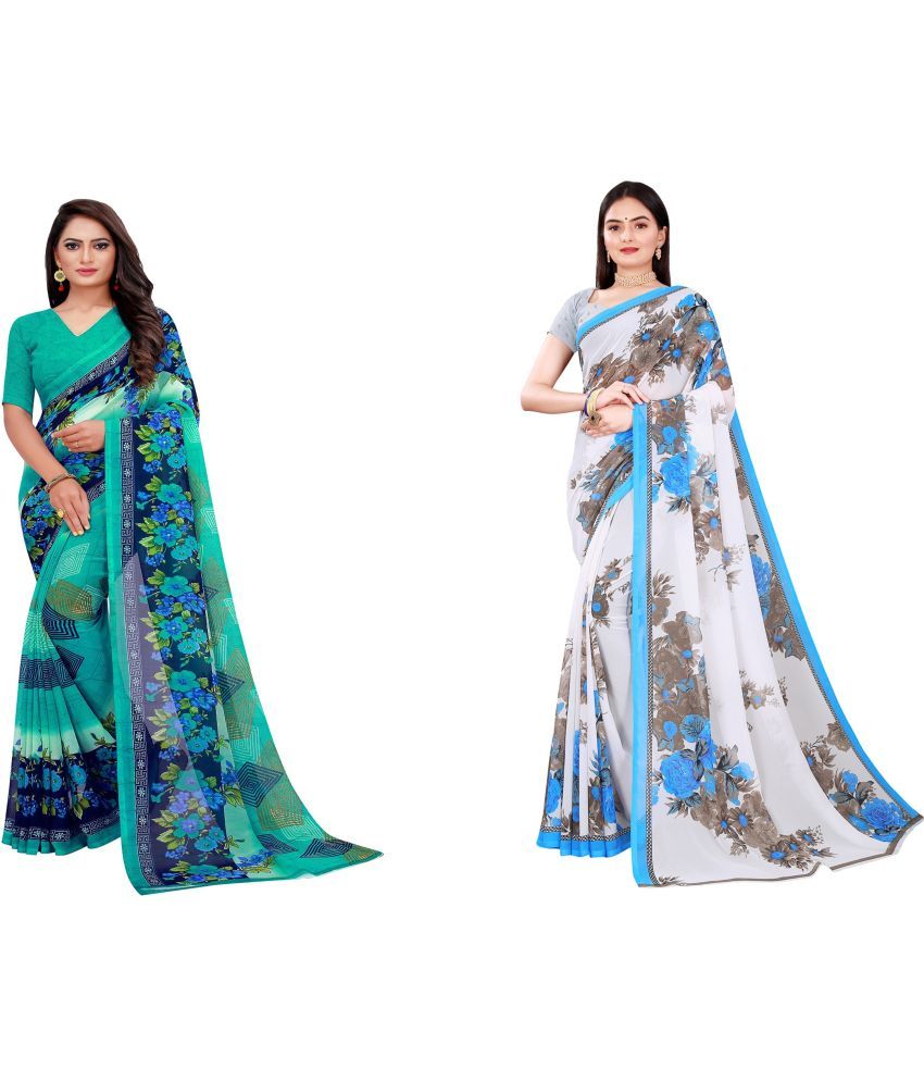     			Vkaran Cotton Silk Printed Saree With Blouse Piece - Multicolor ( Pack of 2 )