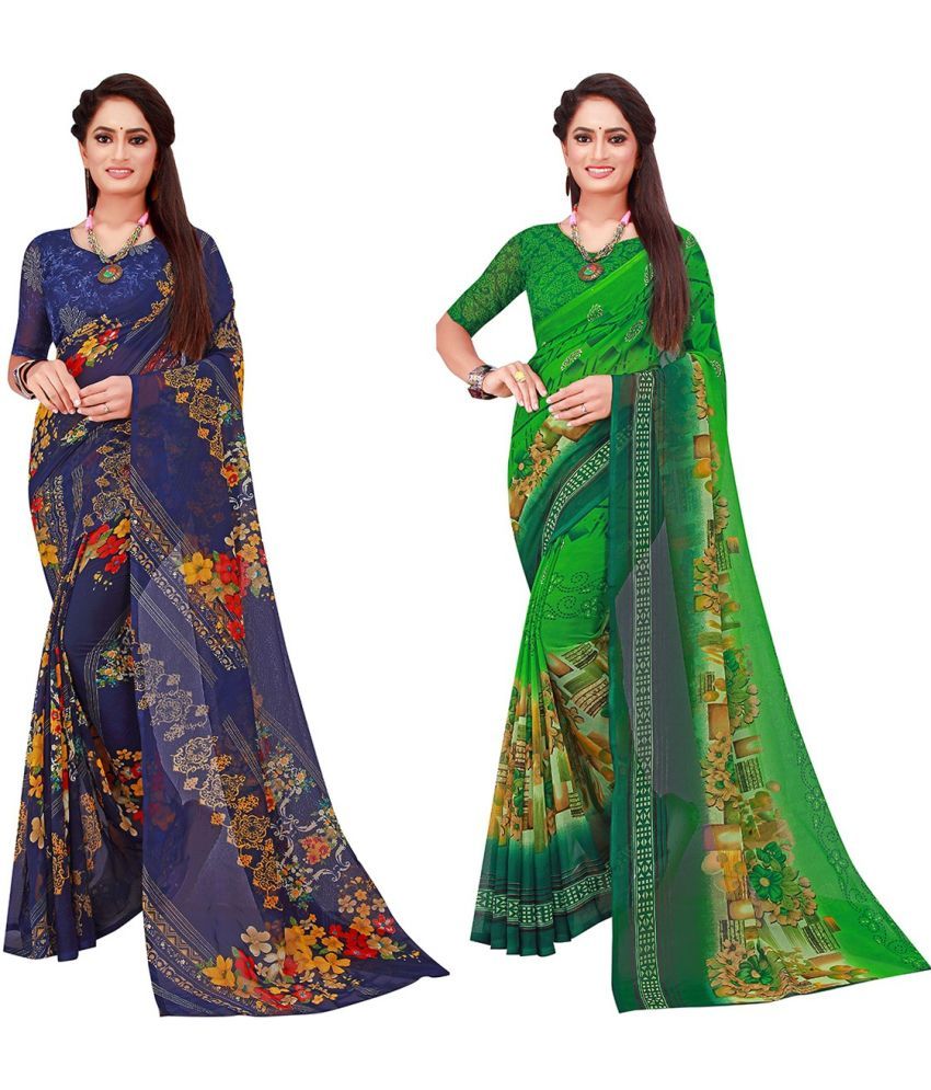     			Vkaran Cotton Silk Printed Saree With Blouse Piece - Multicolor ( Pack of 2 )