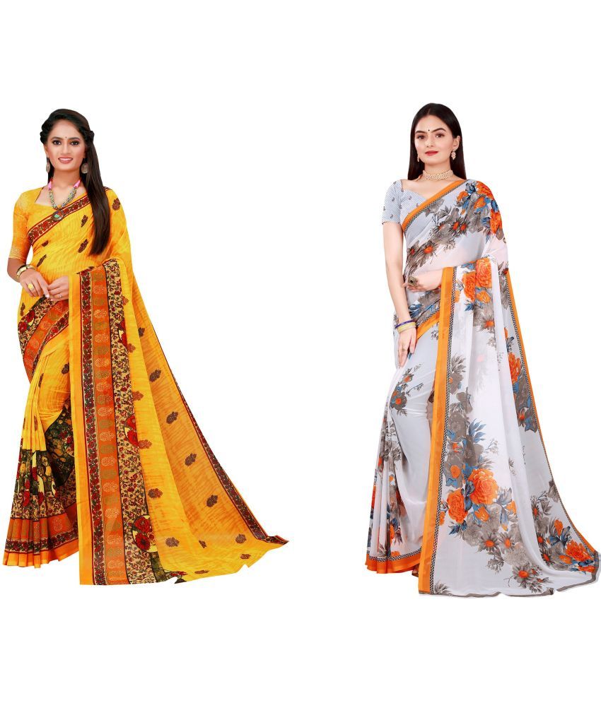     			Vkaran Cotton Silk Printed Saree With Blouse Piece - Multicolor ( Pack of 2 )