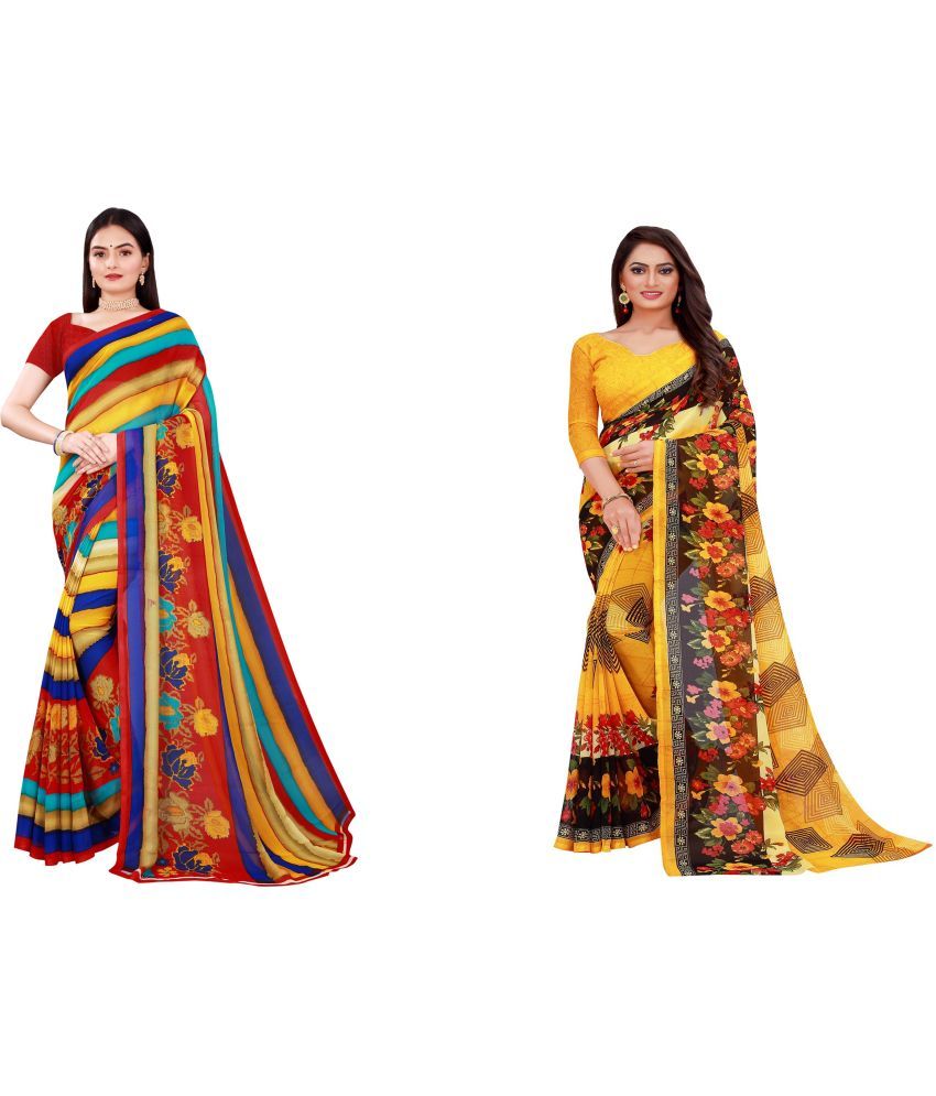     			Vkaran Cotton Silk Printed Saree With Blouse Piece - Multicolor ( Pack of 2 )