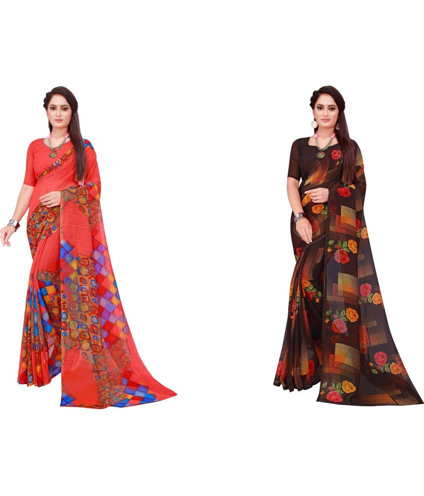     			Vkaran Cotton Silk Printed Saree With Blouse Piece - Multicolor ( Pack of 2 )