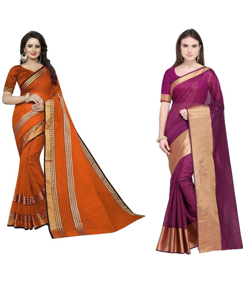     			Vkaran Cotton Silk Printed Saree With Blouse Piece - Multicolor ( Pack of 2 )