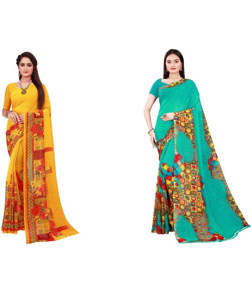     			Vkaran Cotton Silk Printed Saree With Blouse Piece - Multicolor ( Pack of 2 )