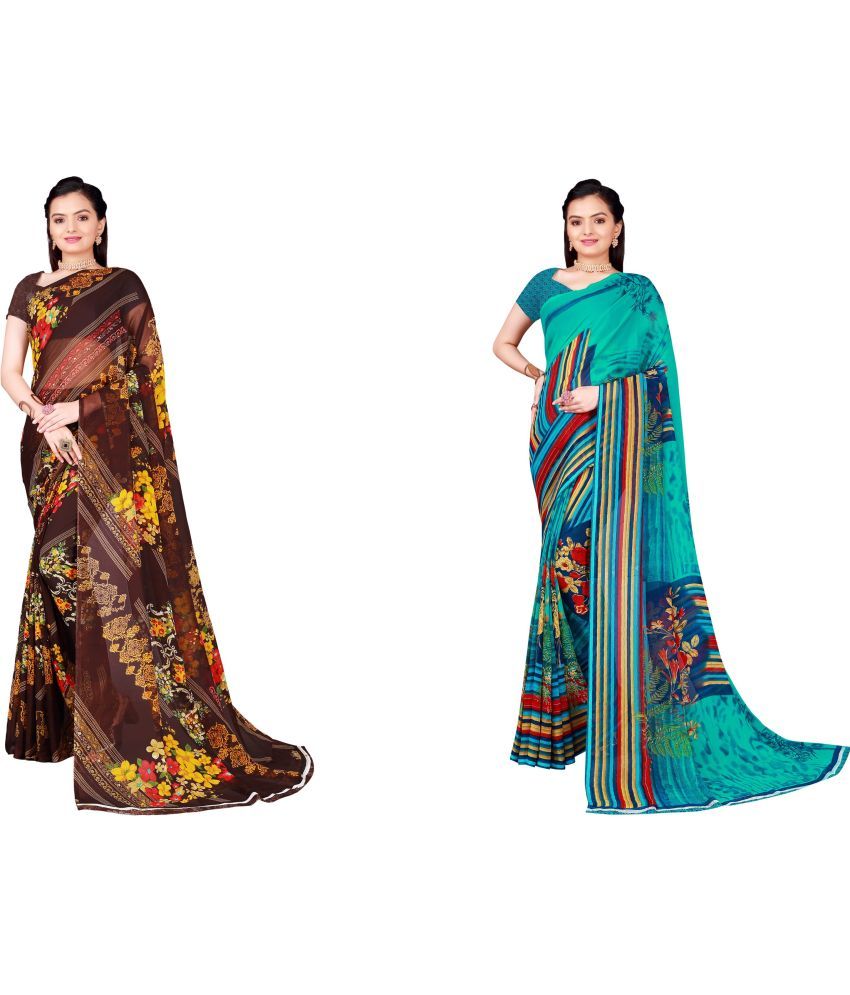     			Vkaran Cotton Silk Printed Saree With Blouse Piece - Multicolor ( Pack of 2 )