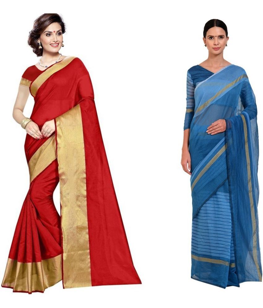     			Vkaran Cotton Silk Printed Saree With Blouse Piece - Multicolor ( Pack of 2 )