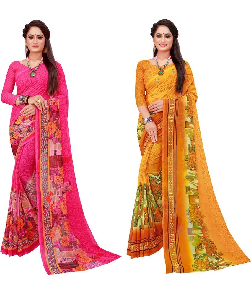     			Vkaran Cotton Silk Printed Saree With Blouse Piece - Multicolor ( Pack of 2 )