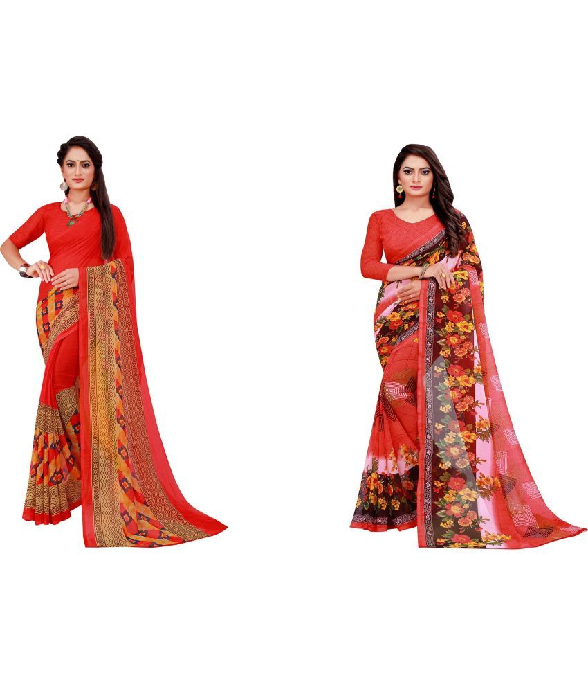     			Vkaran Cotton Silk Printed Saree With Blouse Piece - Multicolor ( Pack of 2 )