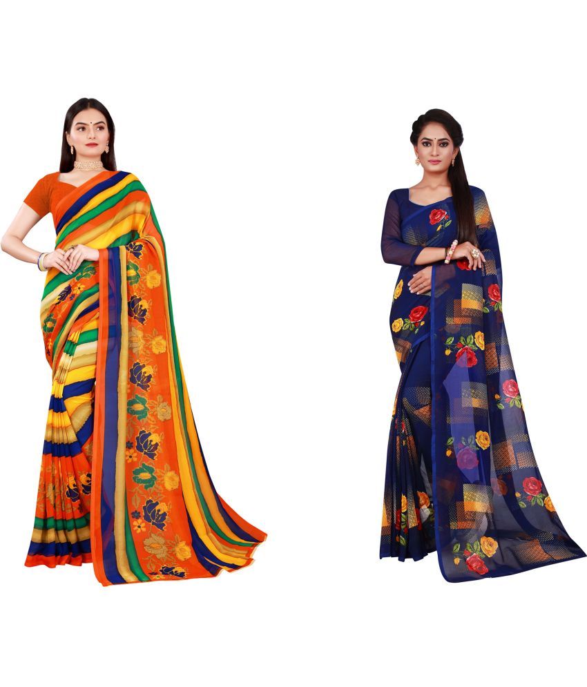     			Vkaran Cotton Silk Printed Saree With Blouse Piece - Multicolor ( Pack of 2 )