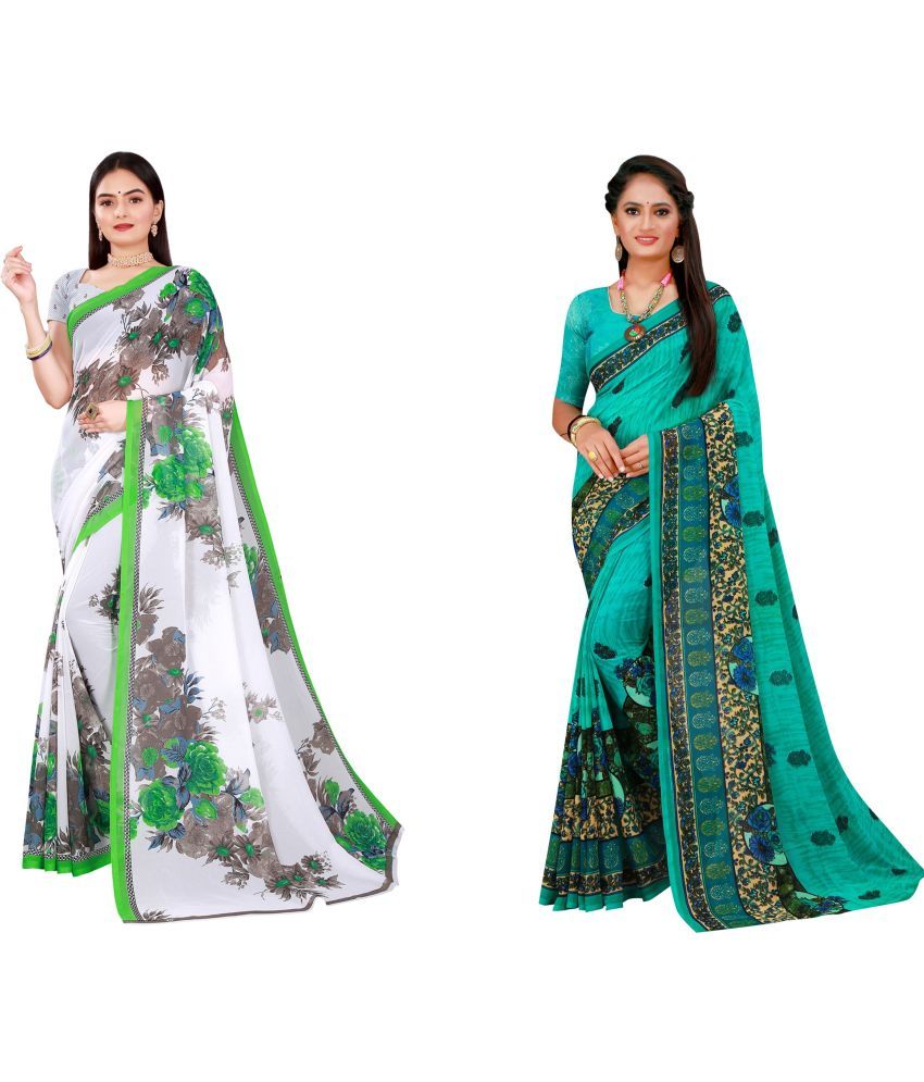     			Vkaran Cotton Silk Printed Saree With Blouse Piece - Multicolor ( Pack of 2 )