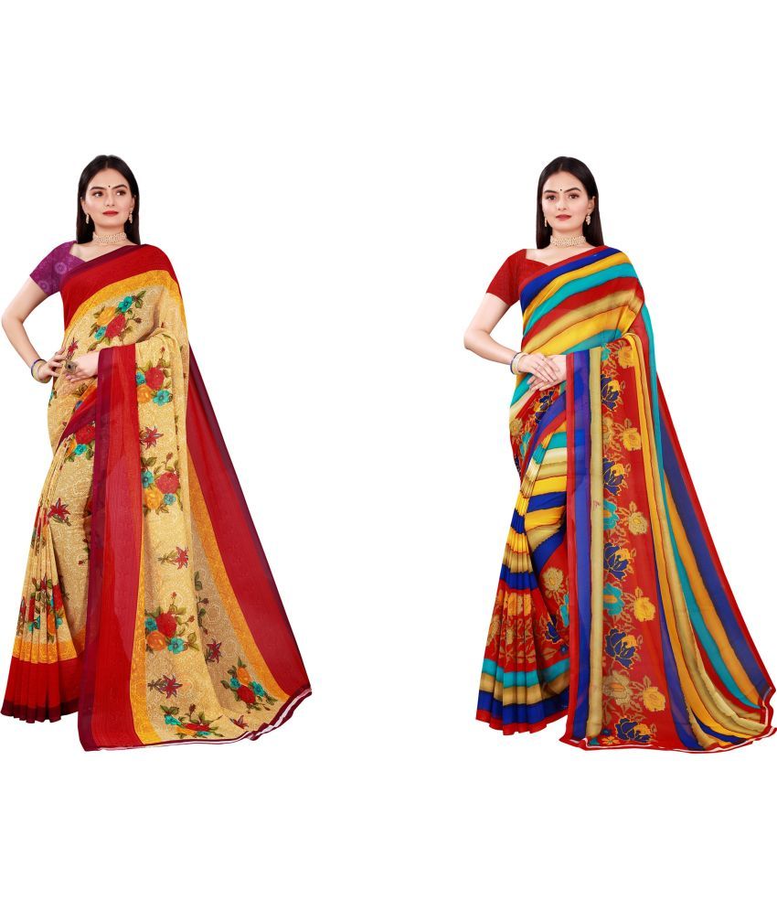     			Vkaran Cotton Silk Printed Saree With Blouse Piece - Multicolor ( Pack of 2 )