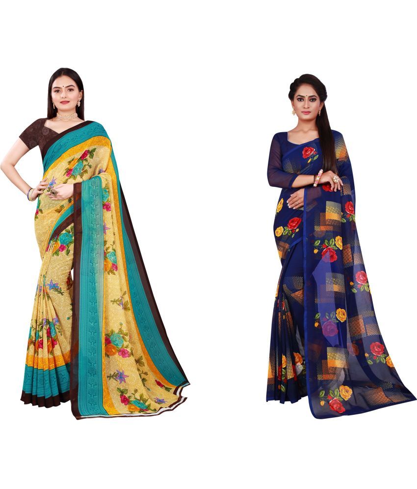     			Vkaran Cotton Silk Printed Saree With Blouse Piece - Multicolor ( Pack of 2 )