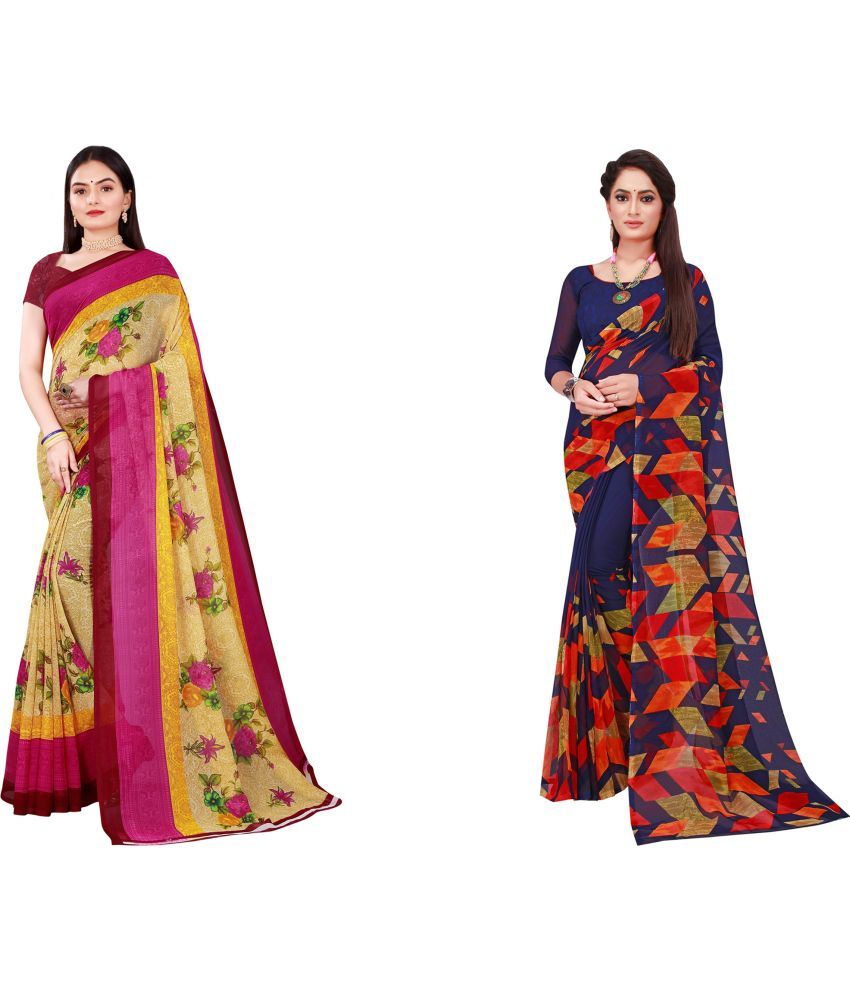     			Vkaran Cotton Silk Printed Saree With Blouse Piece - Multicolor ( Pack of 2 )