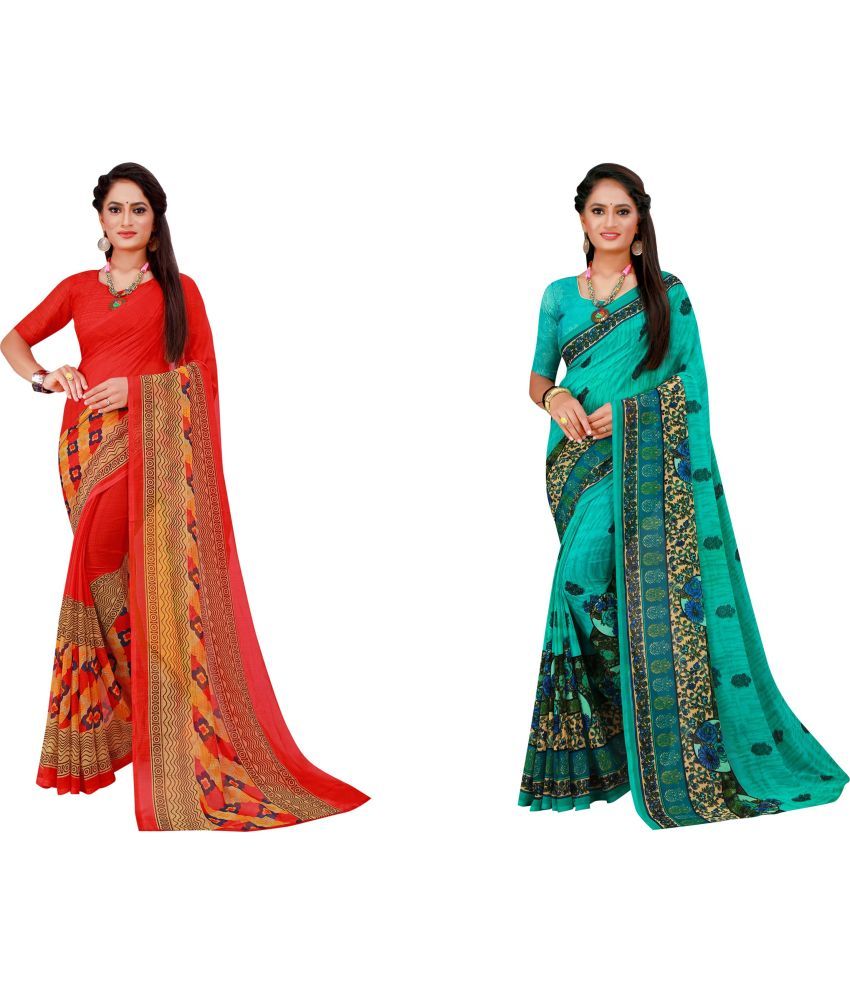     			Vkaran Cotton Silk Printed Saree With Blouse Piece - Multicolor ( Pack of 2 )