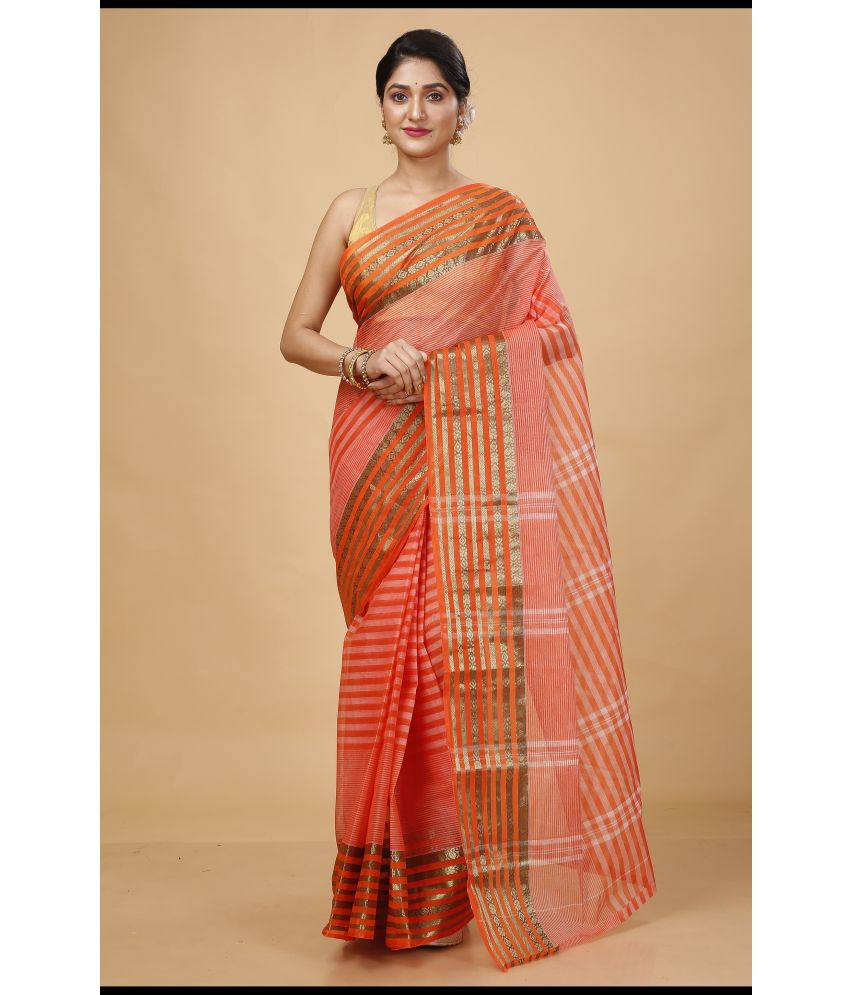     			Happy Creation Cotton Striped Saree Without Blouse Piece - Orange ( Pack of 1 )