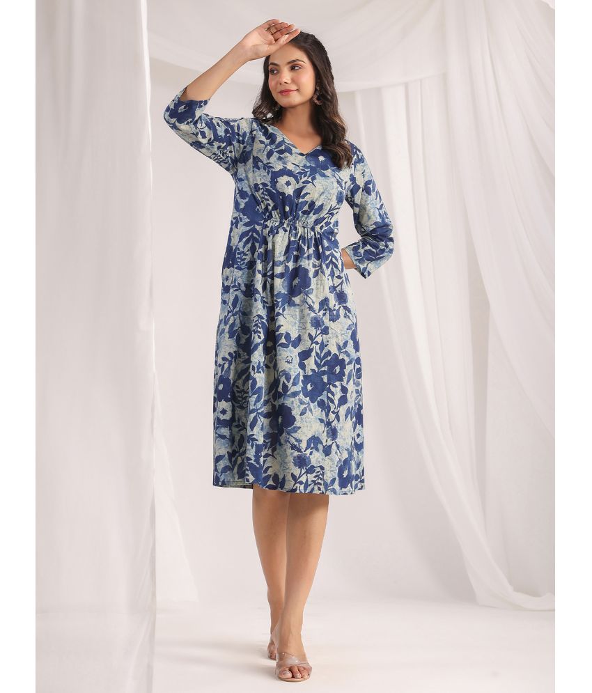     			Janasya Cotton Printed Knee Length Women's A-line Dress - Indigo ( Pack of 1 )