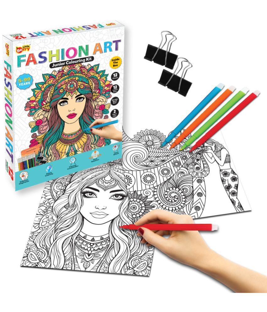     			Junior Fashion Art Colouring Kit for Adults & Kids (5-99 Years) - Art & Craft Kit for Girls - Mandala Kit for Girls - Art & Craft Set for Kids - Colouring Kit with 12 Unique Designs, Sketch Pens - Gifting, Mind Relaxation Kit