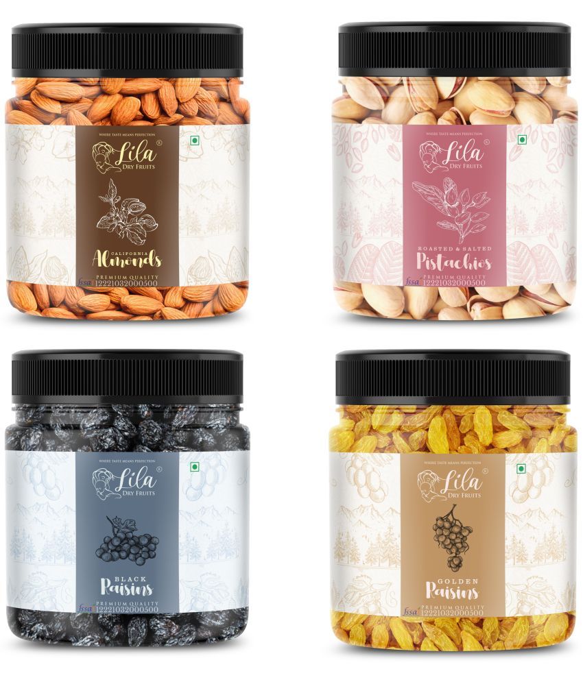     			Lila Dry Fruits Almond(100gm), Salted Pista (100gm), Green Raisin(100gm) & Black Raisin(100 gm)