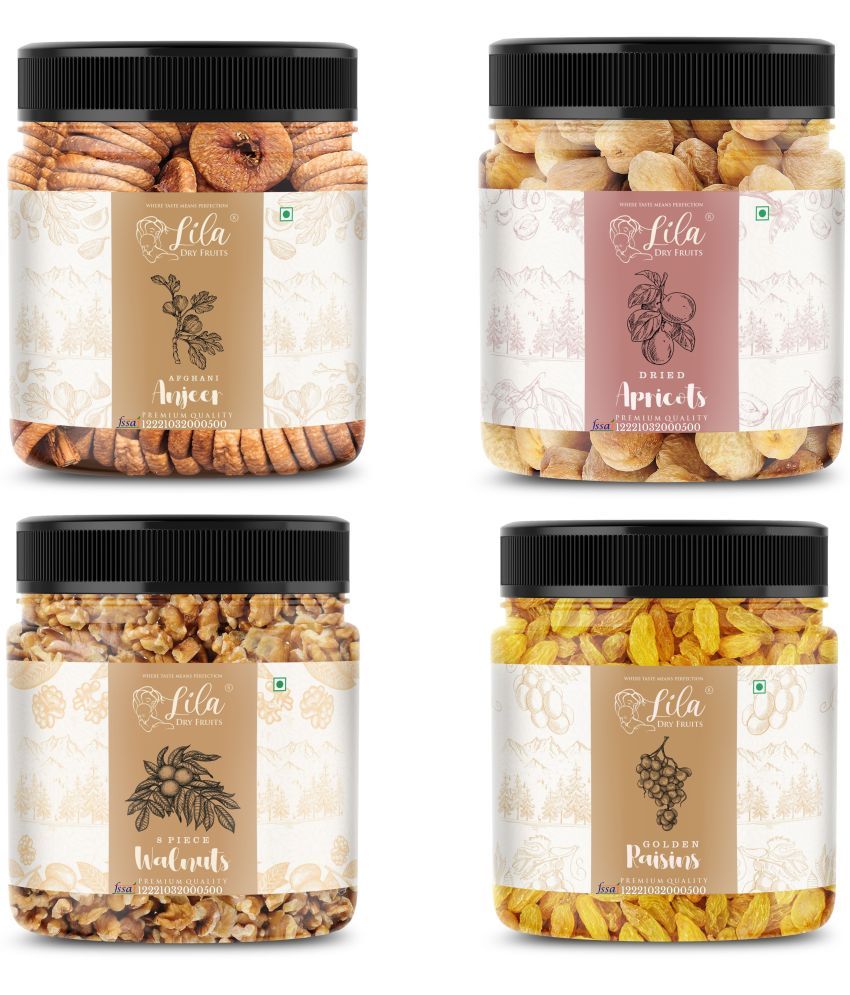     			Lila Dry Fruits Figs(100gm), Walnut (100gm), Green Raisin (100gm) & Apricots(100 gm) Combo