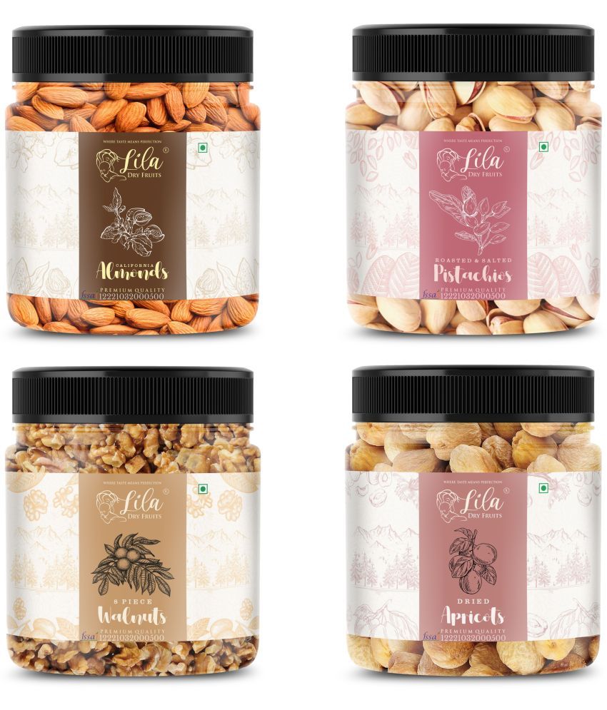     			Lila Dry Fruits Almond(250gm), Salted Pista (250gm), Walnuts (250gm) & Apricots(250 gm)