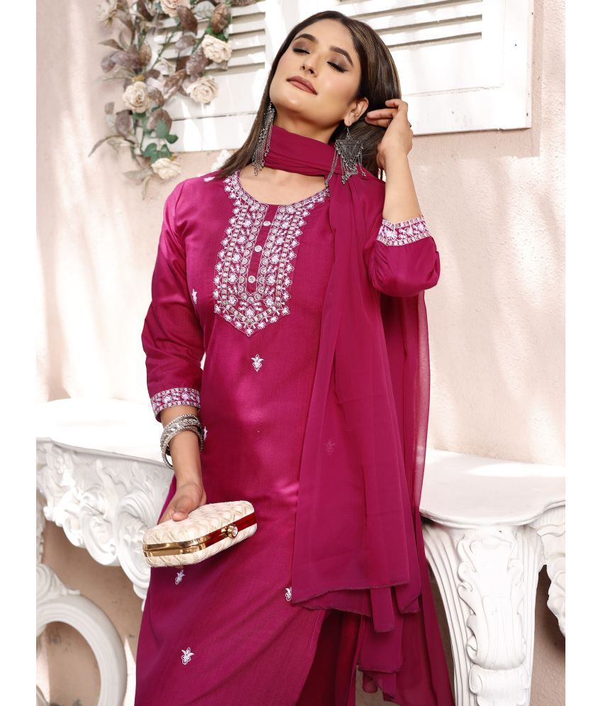     			TRAHIMAM Cotton Blend Embroidered Kurti With Pants Women's Stitched Salwar Suit - Purple ( Pack of 1 )