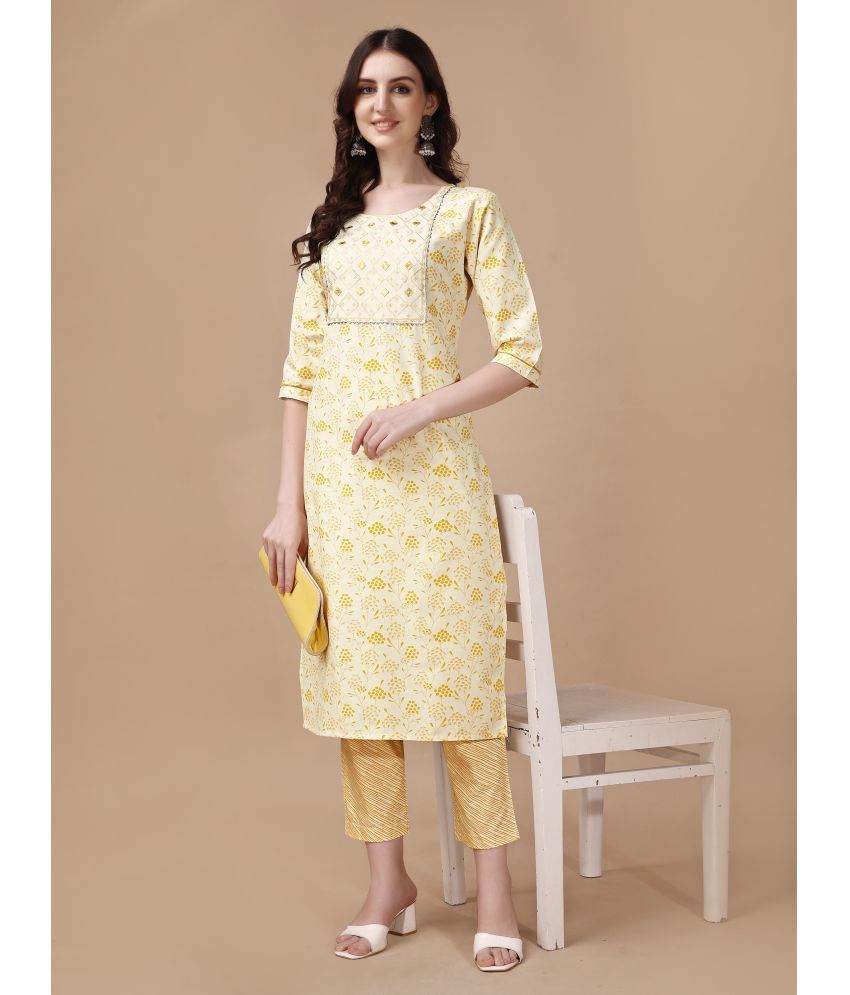     			TRAHIMAM Cotton Blend Printed Kurti With Pants Women's Stitched Salwar Suit - Yellow ( Pack of 1 )