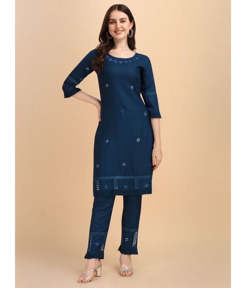     			TRAHIMAM Viscose Embroidered Kurti With Pants Women's Stitched Salwar Suit - Blue ( Pack of 1 )