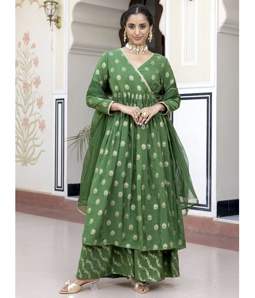     			Janasya Brocade Printed Kurti With Palazzo Women's Stitched Salwar Suit - Green ( Pack of 1 )