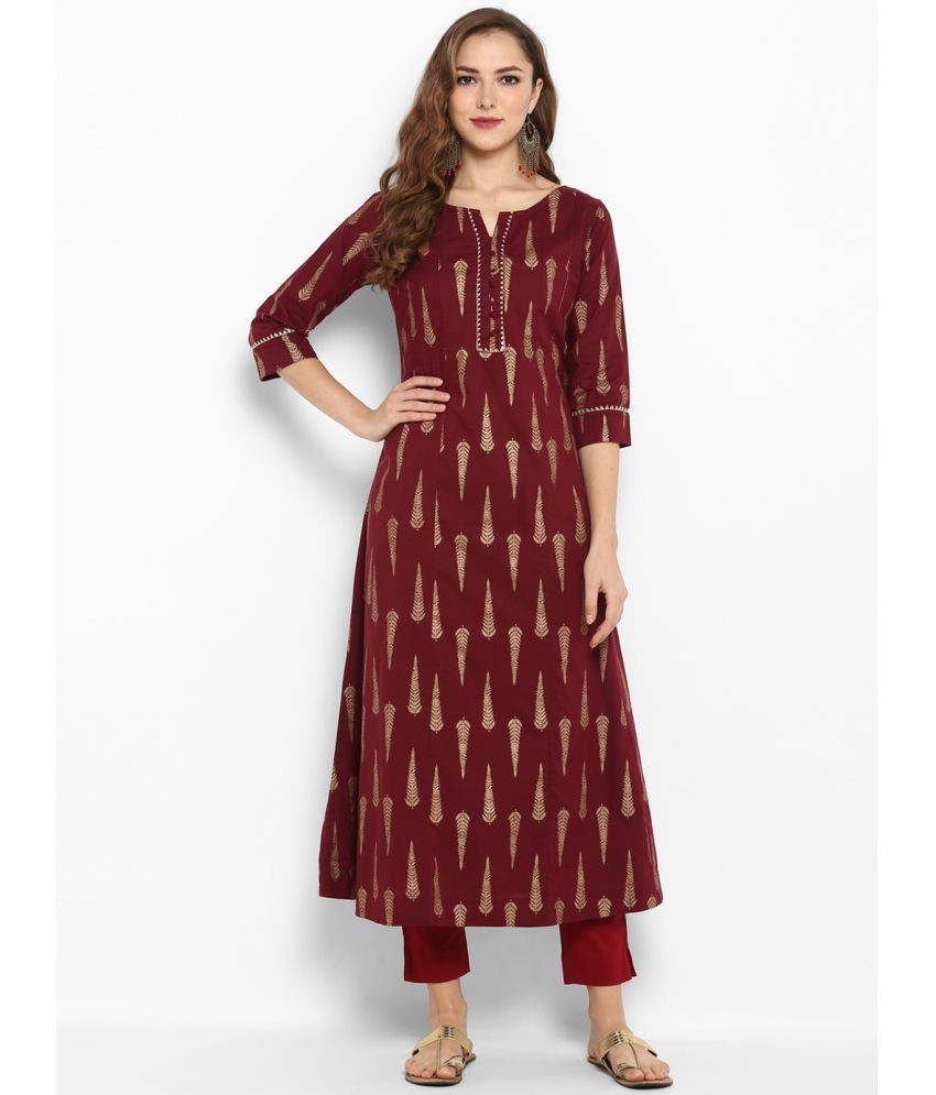     			Janasya Cotton Printed Flared Women's Kurti - Maroon ( Pack of 1 )