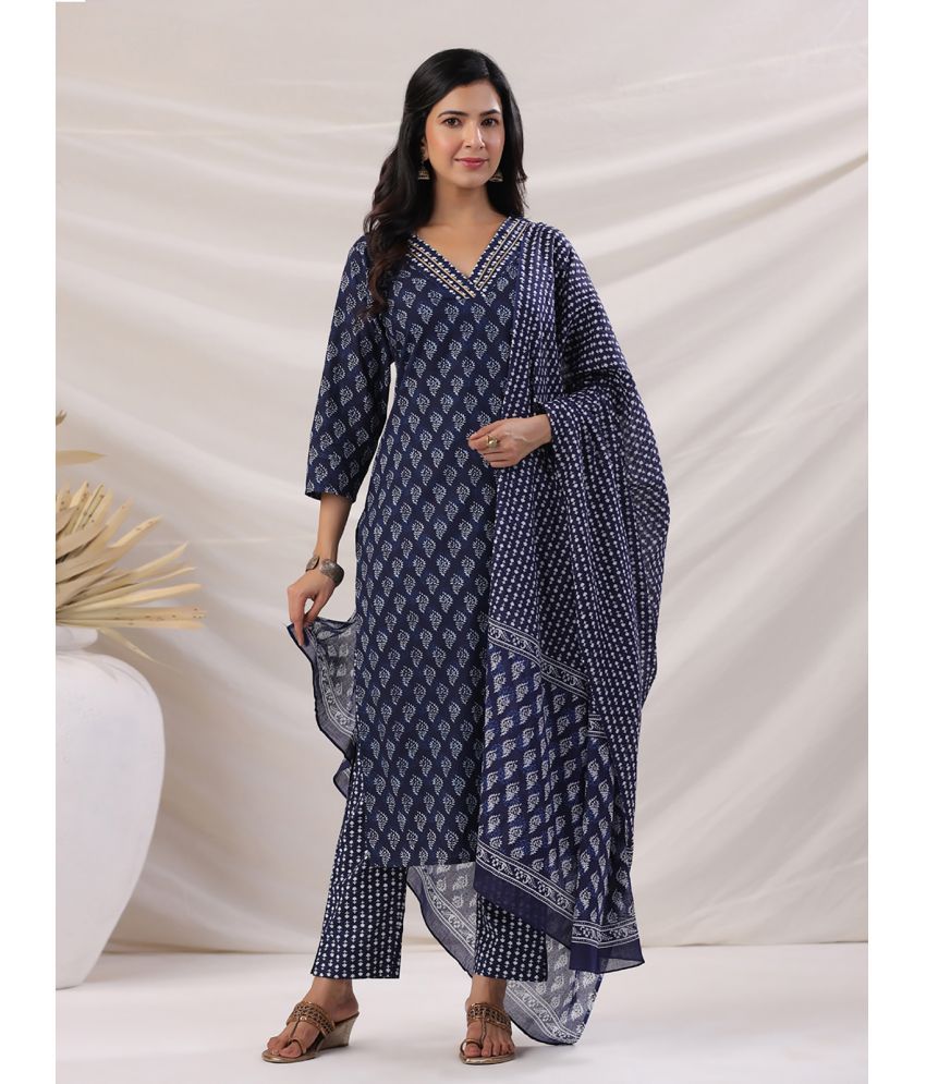     			Janasya Cotton Printed Kurti With Pants Women's Stitched Salwar Suit - Navy Blue ( Pack of 1 )