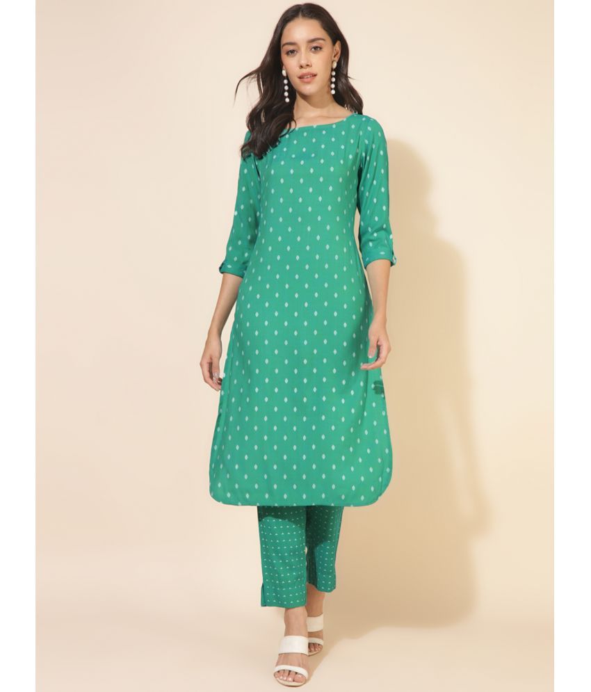     			Janasya Cotton Printed Kurti With Pants Women's Stitched Salwar Suit - Green ( Pack of 1 )