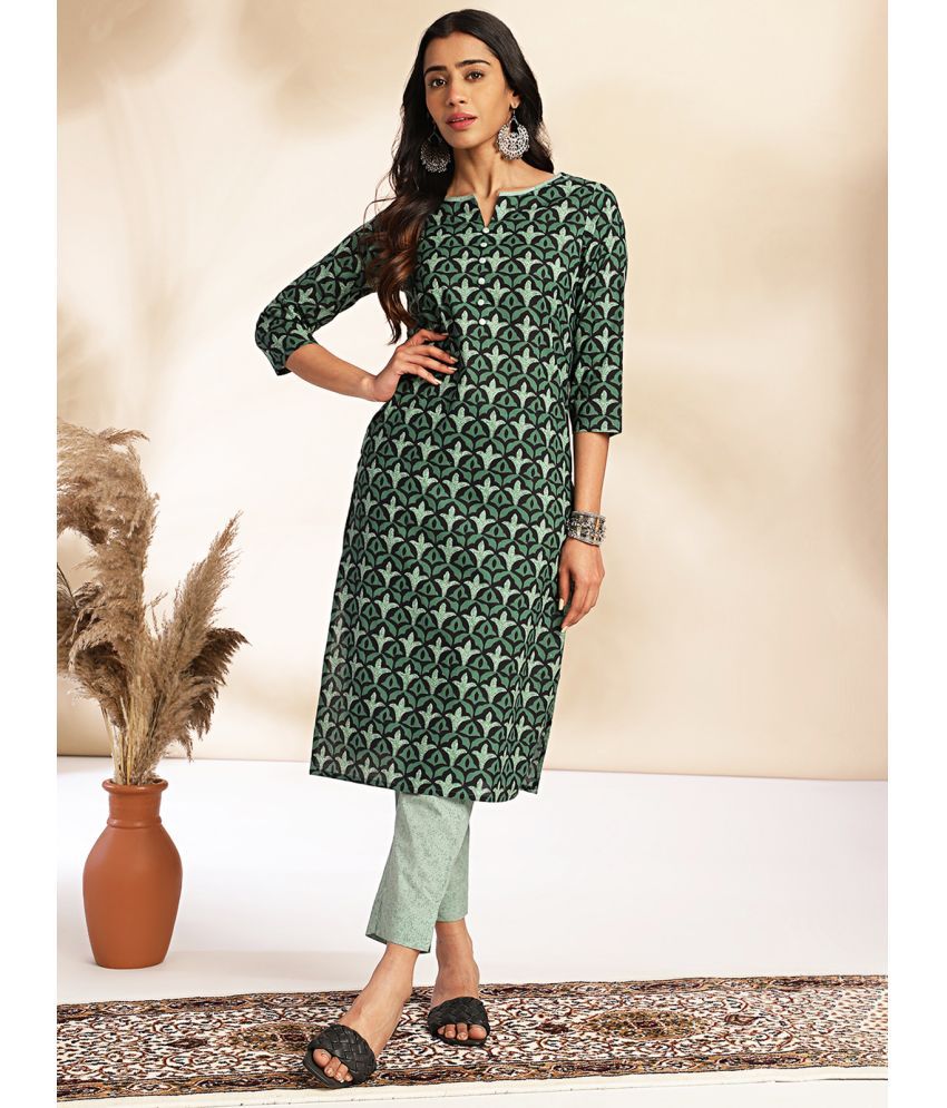     			Janasya Cotton Printed Kurti With Pants Women's Stitched Salwar Suit - Green ( Pack of 1 )