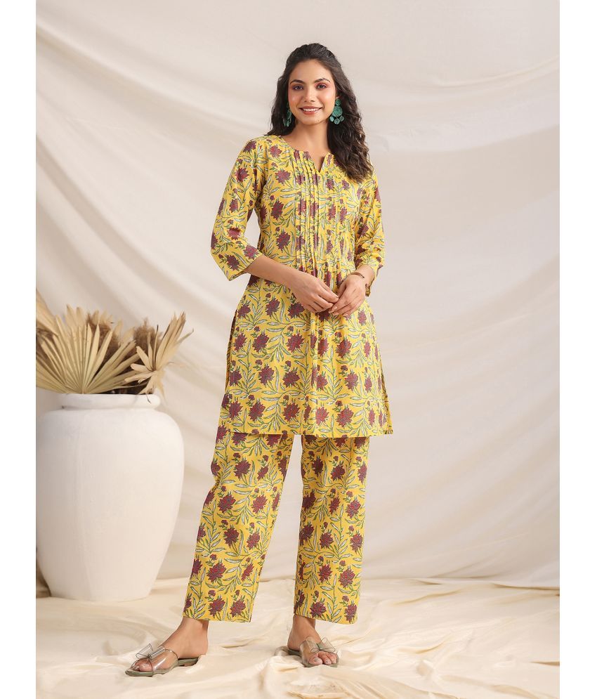     			Janasya Cotton Printed Kurti With Pants Women's Stitched Salwar Suit - Yellow ( Pack of 1 )