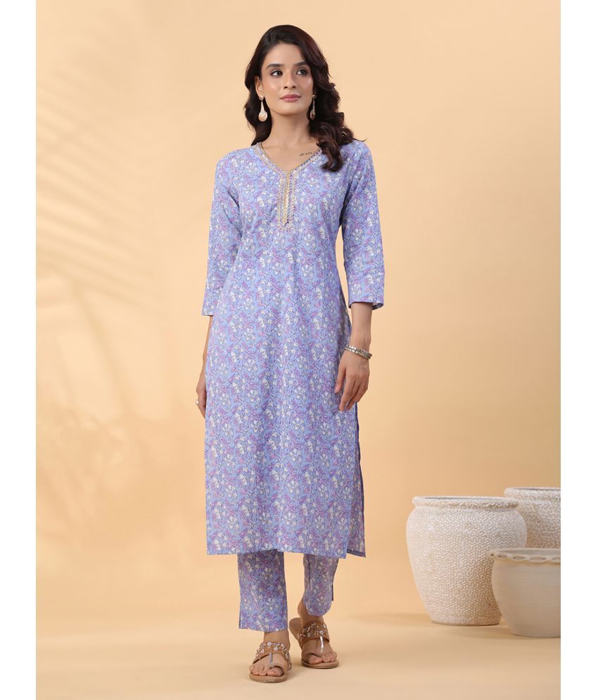     			Janasya Cotton Printed Kurti With Pants Women's Stitched Salwar Suit - Blue ( Pack of 1 )