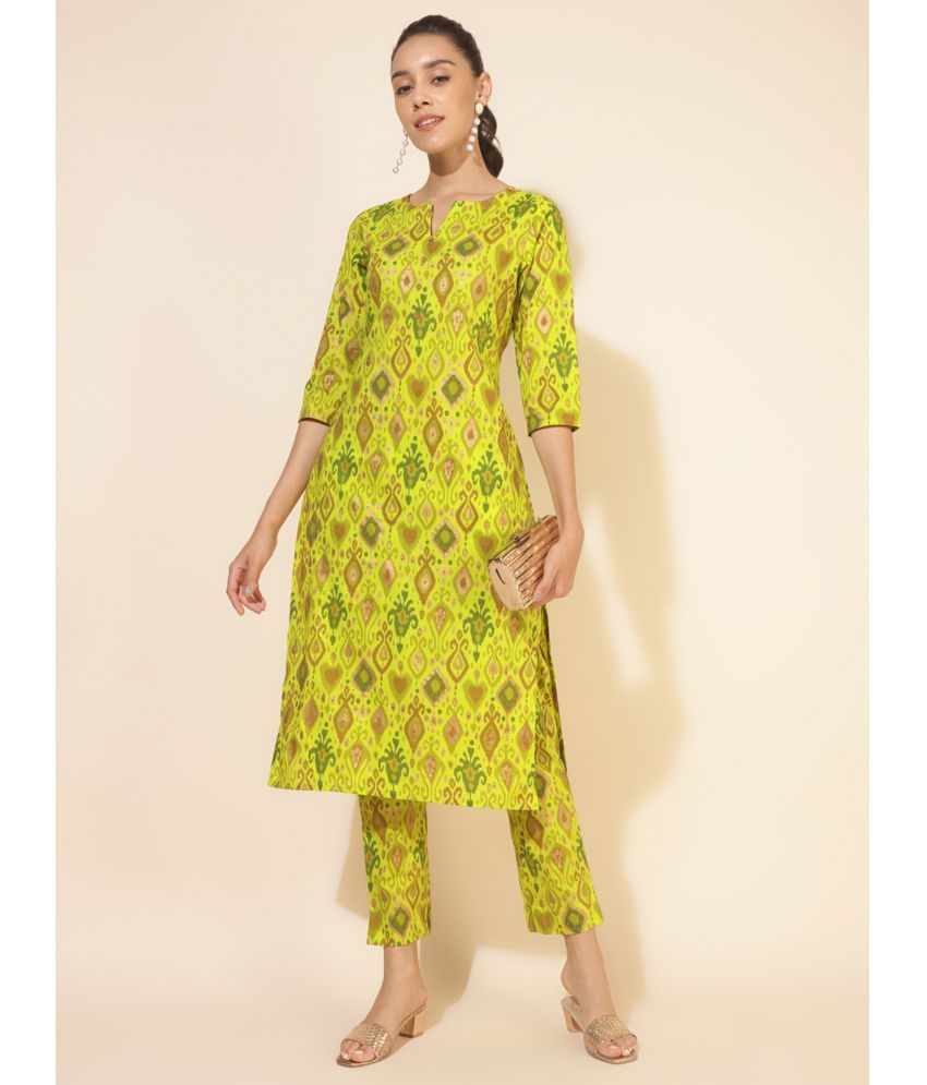     			Janasya Cotton Printed Kurti With Pants Women's Stitched Salwar Suit - Lime Green ( Pack of 1 )