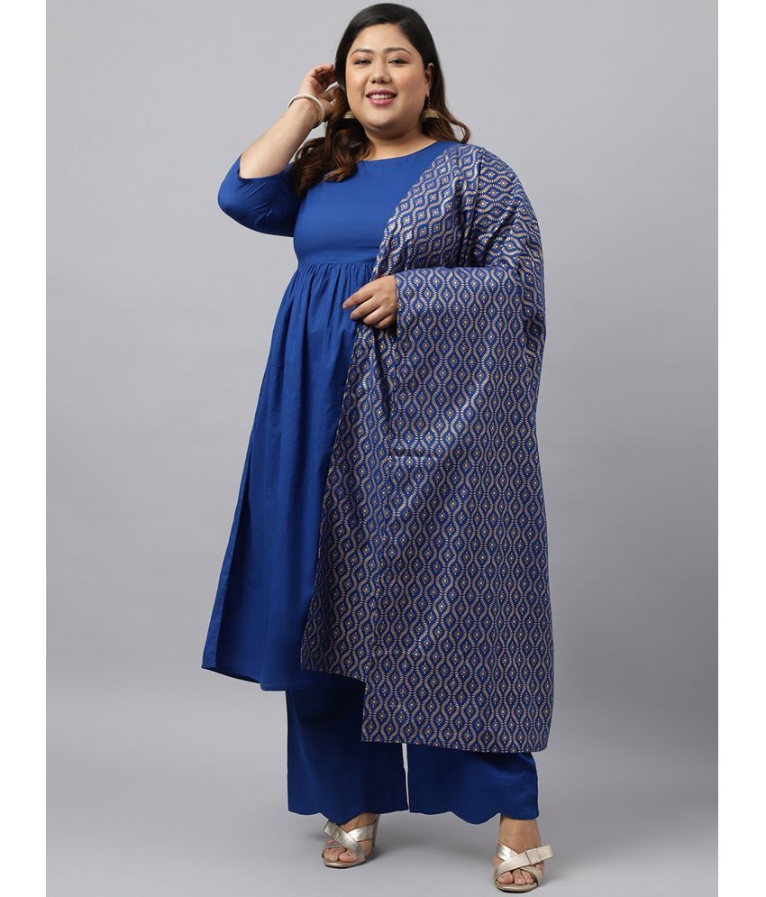     			Janasya Cotton Solid Kurti With Palazzo Women's Stitched Salwar Suit - Blue ( Pack of 1 )