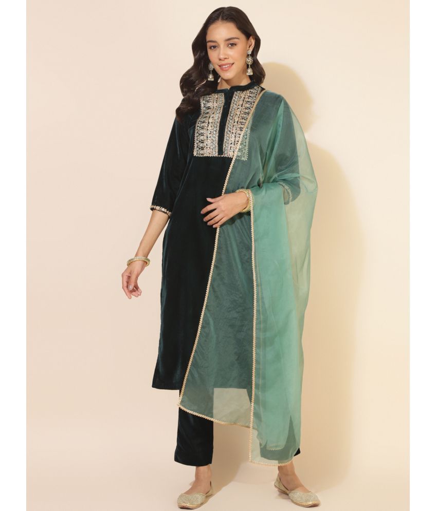     			Janasya Velvet Embellished Kurti With Pants Women's Stitched Salwar Suit - Green ( Pack of 1 )