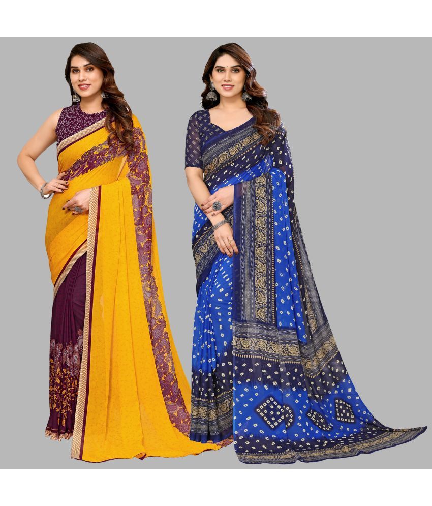     			Kashvi Sarees Georgette Printed Saree With Blouse Piece - Multicolour ( Pack of 2 )