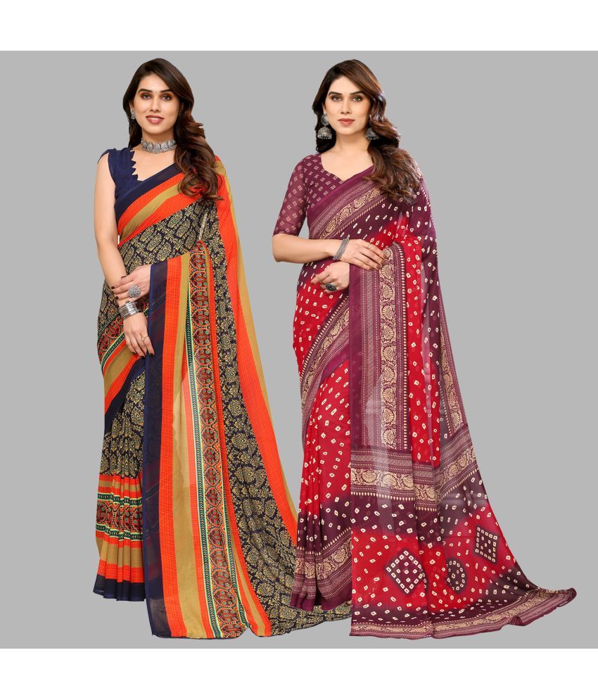     			Kashvi Sarees Georgette Printed Saree With Blouse Piece - Multicolour ( Pack of 2 )