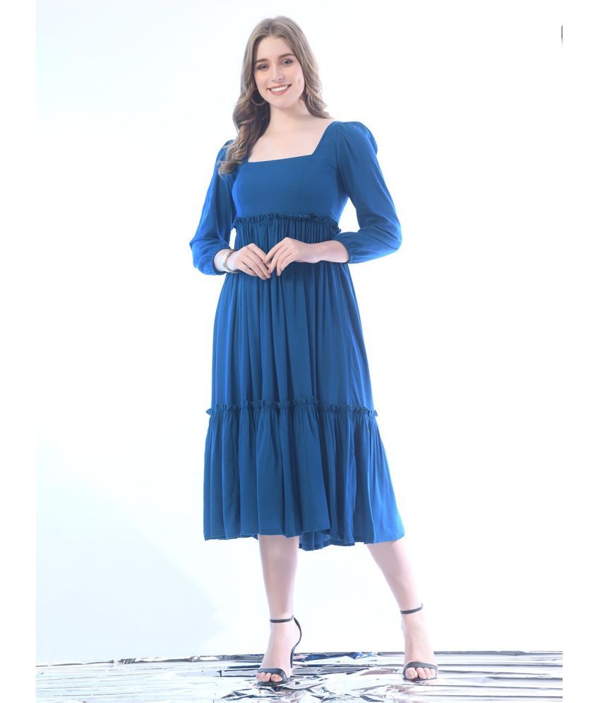     			RAIYANI FASHION Polyester Solid Midi Women's Fit & Flare Dress - Blue ( Pack of 1 )