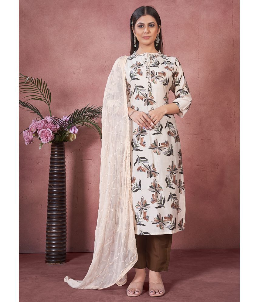     			Style Samsara Silk Printed Kurti With Pants Women's Stitched Salwar Suit - Beige ( Pack of 1 )