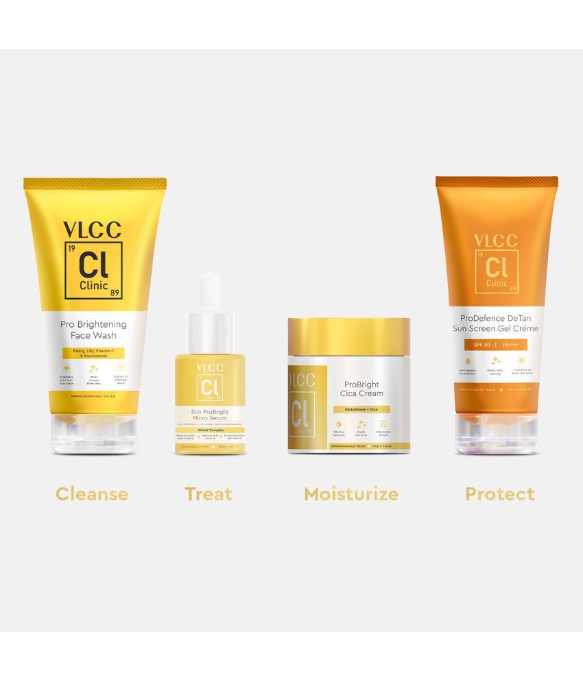     			VLCC Clinic Get the Glow Regime (ProBrightening Face Wash - 150 ml, Micro Serum - 30 ml, Cica Cream - 100 g & De-Tan SPF50 Sunscreen - 100 g)