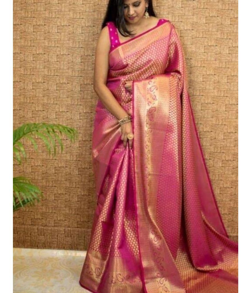     			Yashika Banarasi Silk Printed Saree With Blouse Piece - PINK ( Pack of 1 )