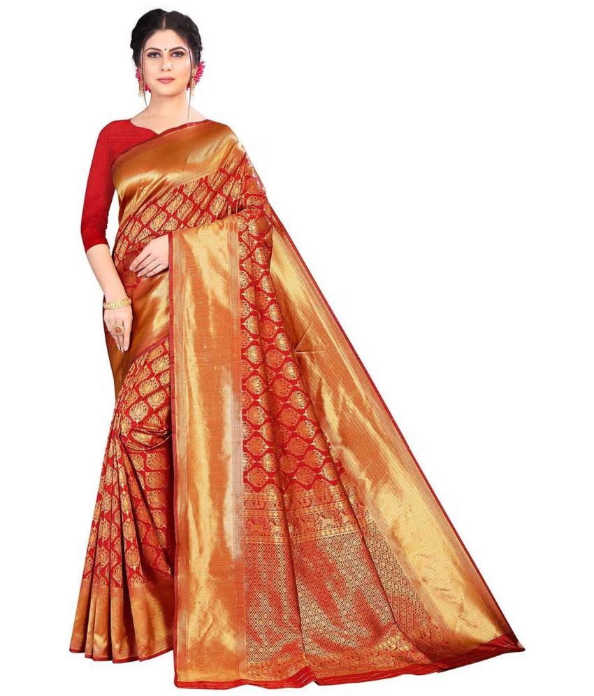    			Yashika Banarasi Silk Printed Saree With Blouse Piece - Red ( Pack of 1 )