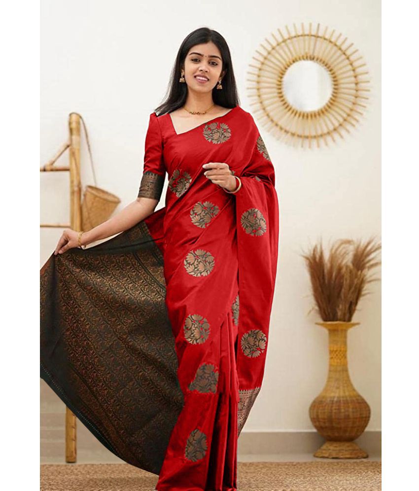     			Yashika Banarasi Silk Printed Saree With Blouse Piece - RED ( Pack of 1 )