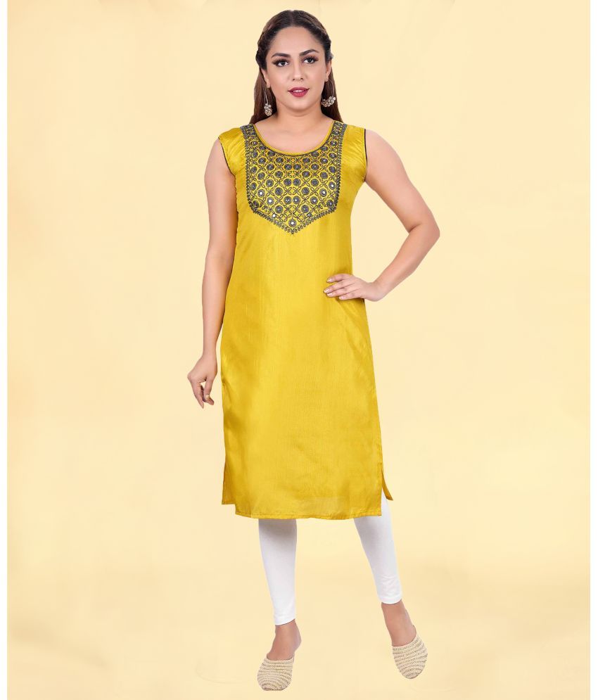     			Colorscube Cotton Silk Embellished Straight Women's Kurti - Yellow ( Pack of 1 )