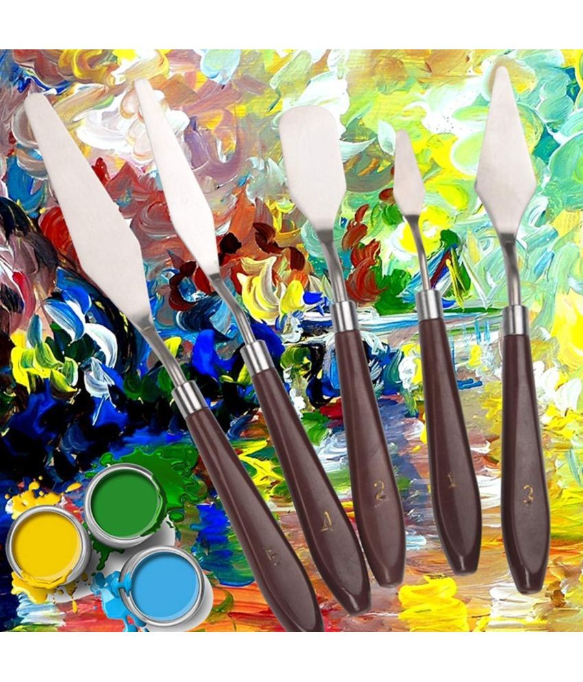     			ECLET Palette Painting Knives - Set of 5 Various Sizes & Shapes, Stainless Steel Scraper Spatula with Polished Brown Handle for Artist Canvas Oil Paint Mixing Colour(F)