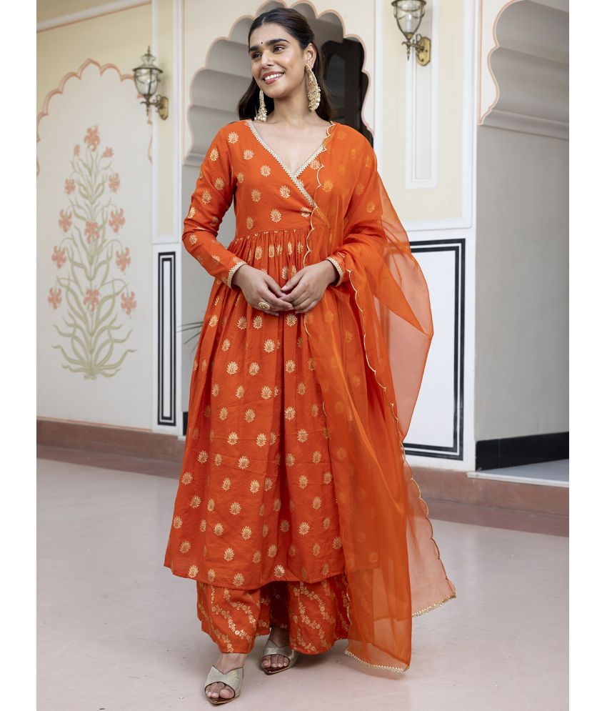     			Janasya Brocade Printed Kurti With Palazzo Women's Stitched Salwar Suit - Orange ( Pack of 1 )